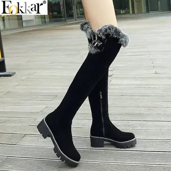 

Eokkar 2020 Women Over The Knee High Boots Zipper Round Toe Winter Boots Warm Inside Fur Square Mid Heel Ladies Boots Size 34-43