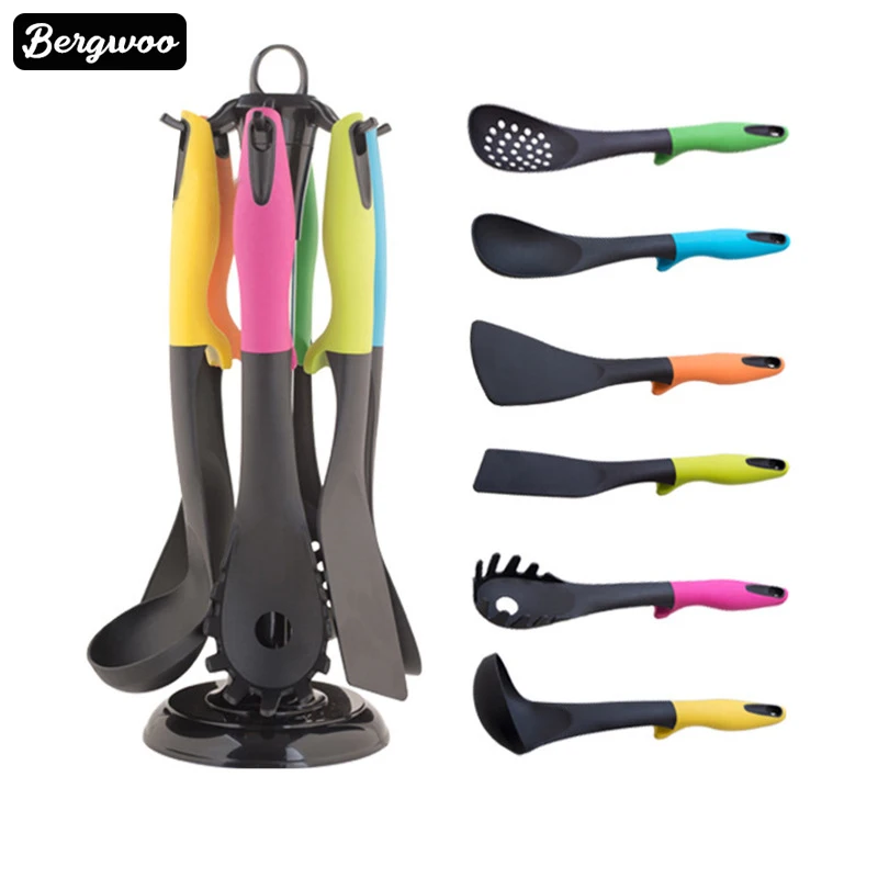 

6Pcs Colorful Nylon Kitchen Utensils Set Shovel Spoon Kit Cooking Tools with Rotatable Holder