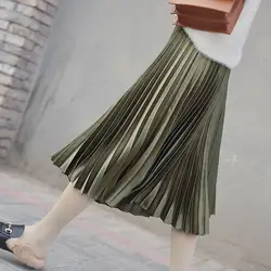 Для женщин металл, сатин длинные плиссированные юбки Chic Высокая Талия зимние эластичные юбки для девочек Корейский стиль зеленый офис