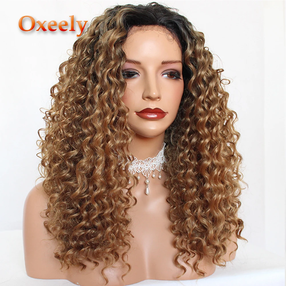

Oxeely Blonde Color Fashion Kinky Curly Hair Lace Wigs Heat Resistant Glueless Ombre Brown Synthetic Lace Front Wigs for Women