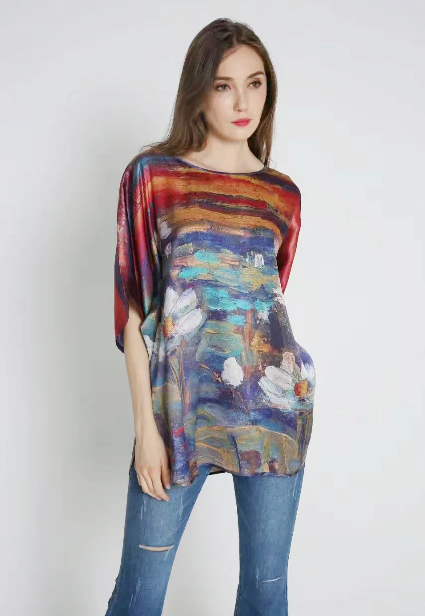 100% Silk Natural Mulberry Silk Satin Fabric Shiny Tees Famous Brand Flower Painting New Desigual Feminine Blouse versace shirt