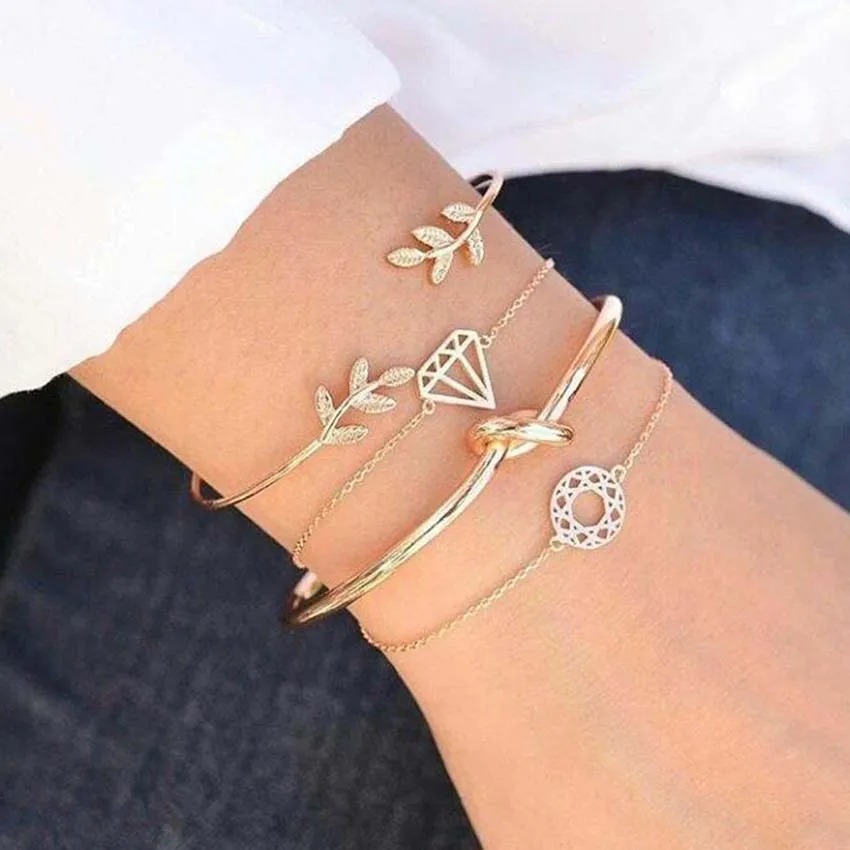 

4 Pcs/ Set New boho Leaves Knot women gold Bracelet set Bracciali Pulseiras feminina Femme Bijoux pulseras mujer charm Jewelry