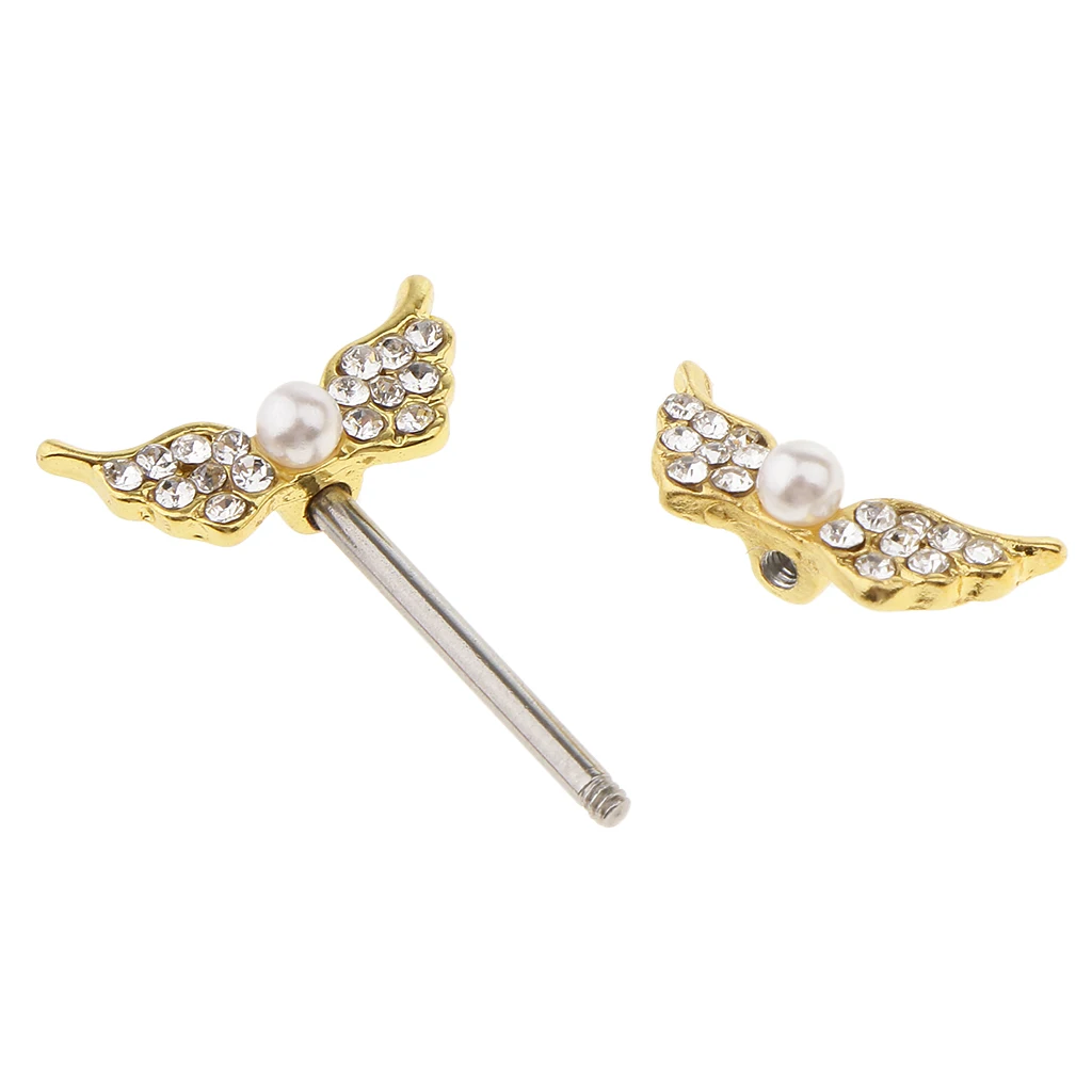 1 Pair Crystal Pearl Beads Angel Wing Shield Barbell Nipple Ring Stainless Steel Body Piercing 14 Gauge
