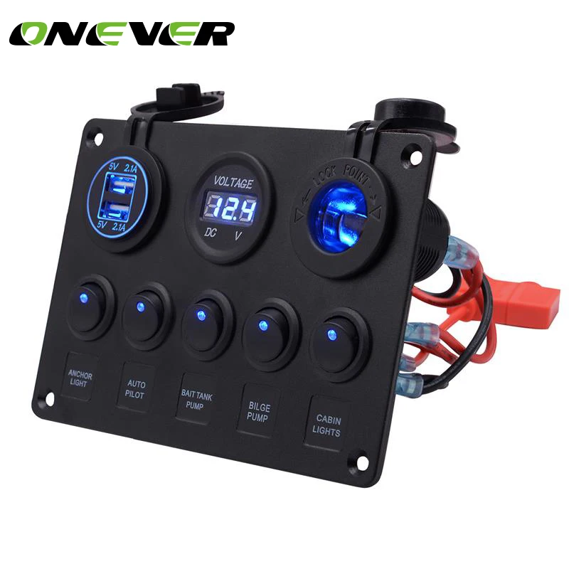 

Onever Car Charger Voltmeter Combination Control Panel Switch Round Light Switch Panel Double USB Port Car Boat Charger