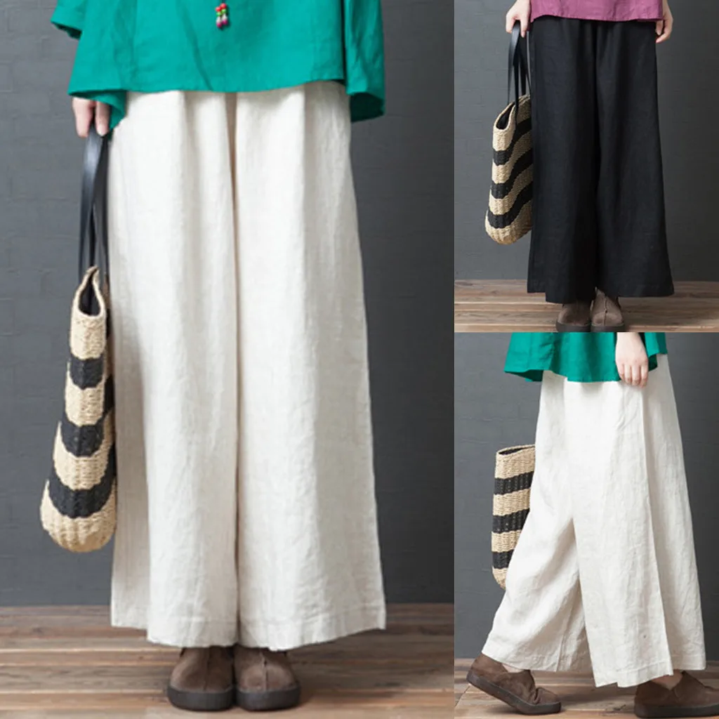 

Plus Size women pant Pure Color Wide Leg Pants Cotton And Linen Pocket Trousers pantacourt femme t штаны женские черные#XB35