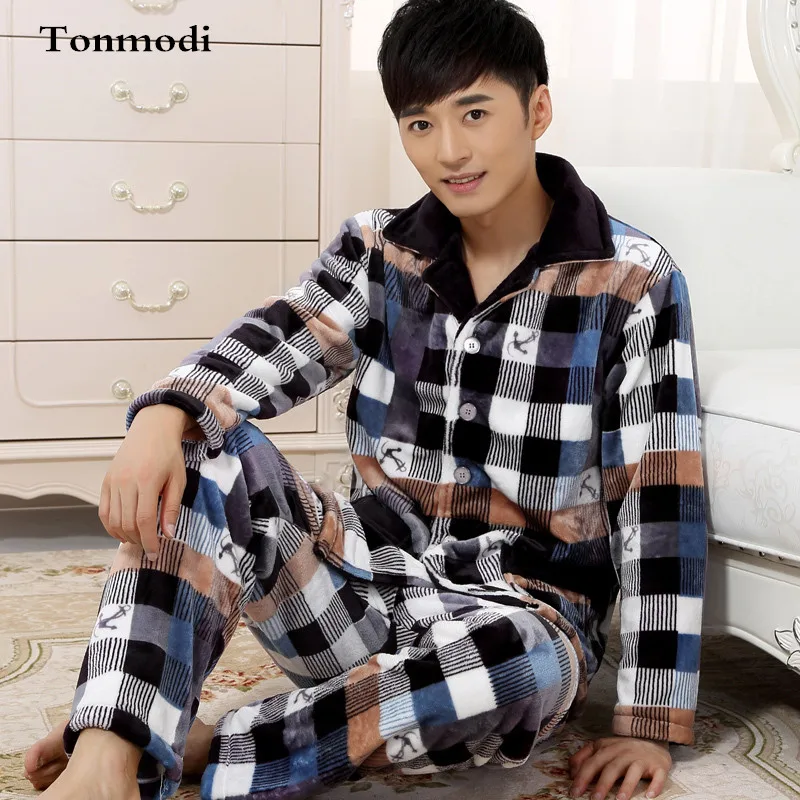 Winter flannel Cardigan pajamas Men Coral sleepwear Long sleeve Pajama