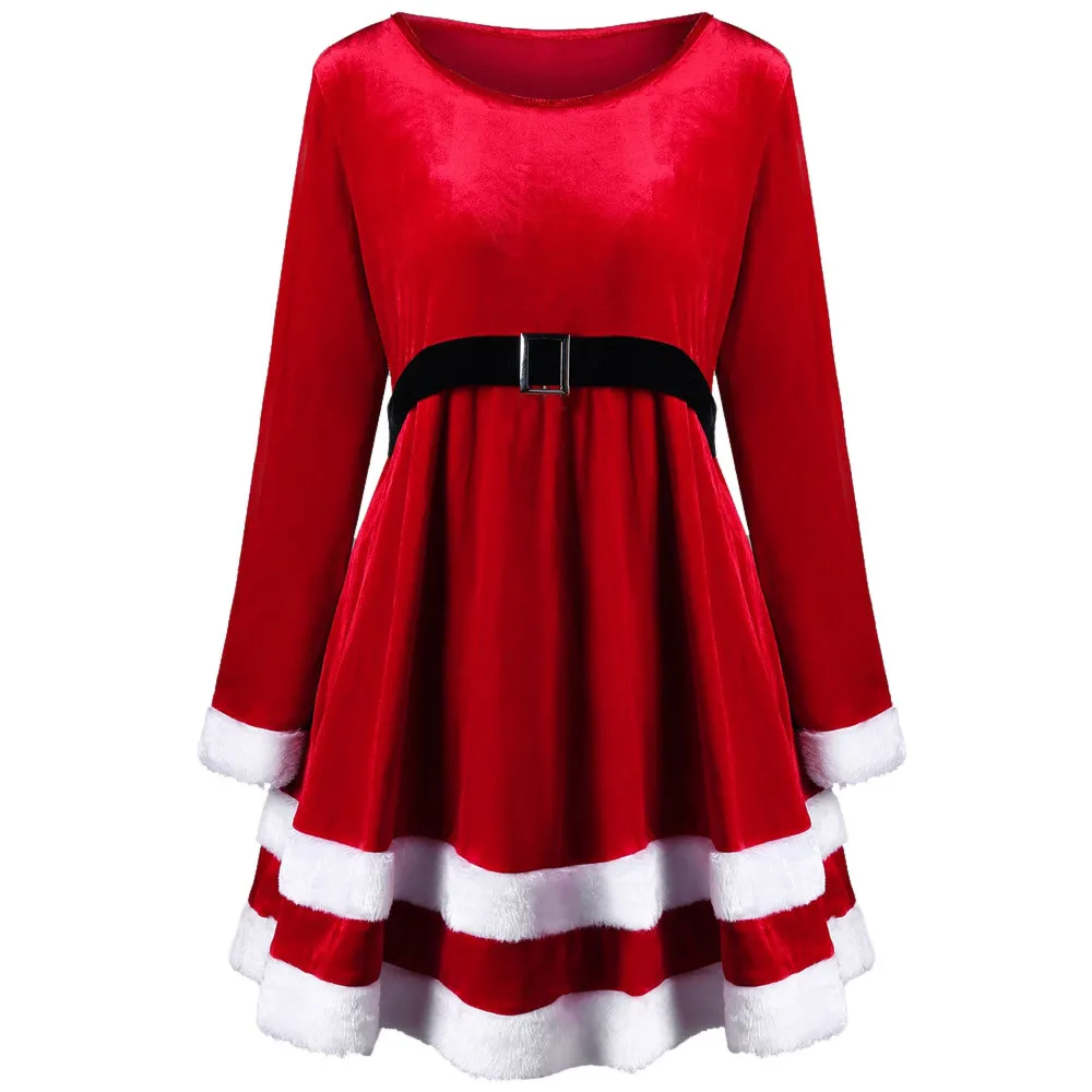 

Fashion Womens Merry Christmas Velvet Long Sleeve O-Neck Red Festival Dress Casual womens ladies solid color dresses vestidos