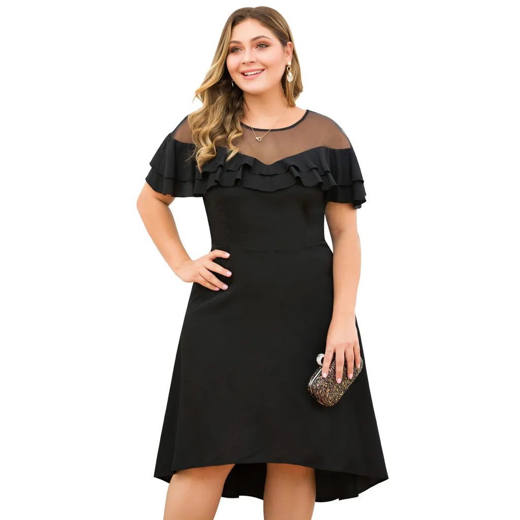 

Plus Size Ruffle Short Sleeve Black A Line Work Dresses Ladies Contrast Mesh Tiered Layer Straight Women Elegant Mini Dress#J30