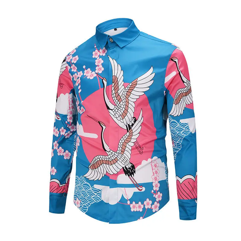 Kopen Mannen Lente Bloemen Crane Mannelijke Casual Shirt Lange Mouw Slim Fit Shirt Fashion Top Tees Camisas Para Hombre Chemise Homme