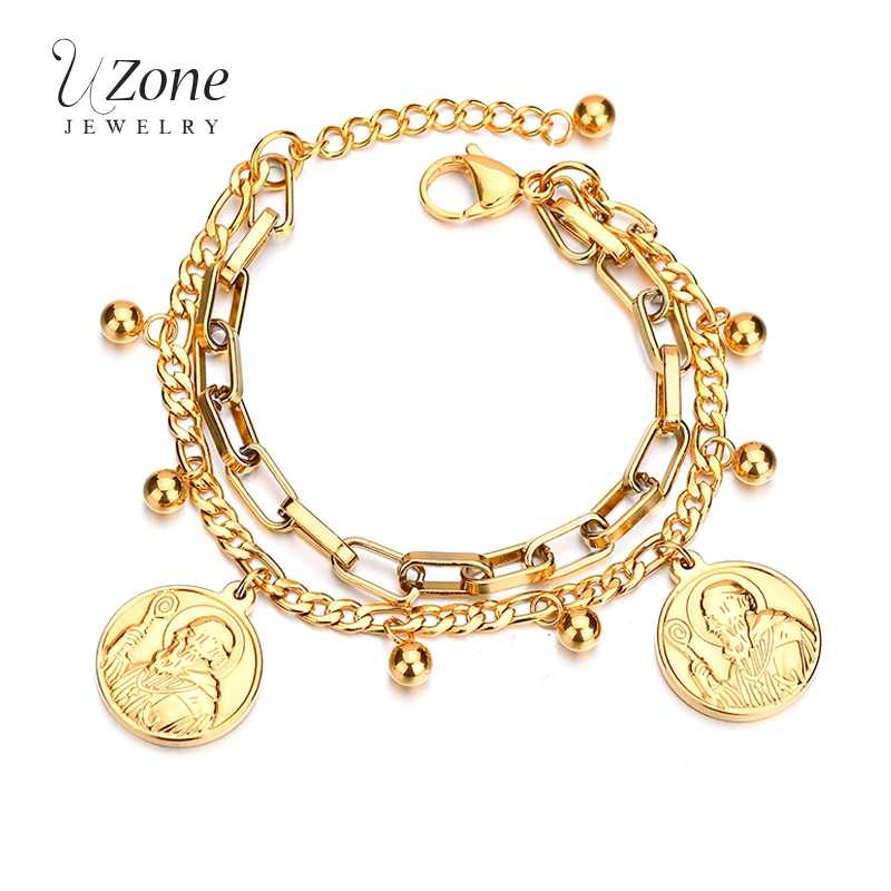 

UZone Multi-layer Stainless Steel Figaro Chain Bracelet Gold Jesus Charm Bracelet For Women Christ Prayer Gift Drop Shipping