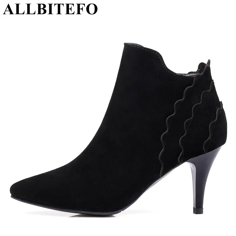 

ALLBITEFO natural genuine leather pointed toe thin heel women boots high heel shoes ankle boots winter girls motorcycle boots