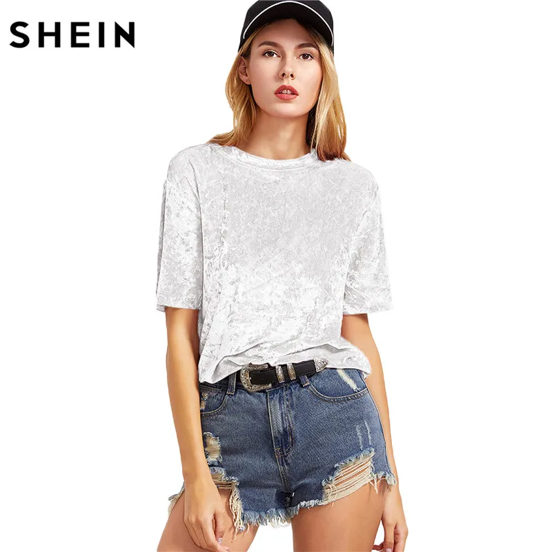 SHEIN, женские повседневные футболки, Лето, женские топы, белые, короткий рукав, измельченный бархат, футболка с круглым вырезом, женская футболка, Топ