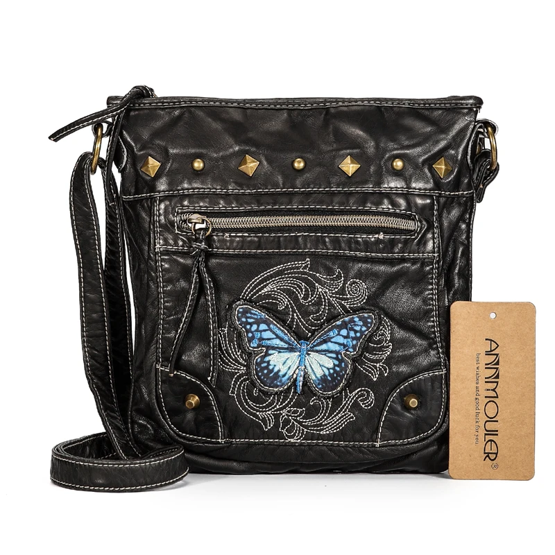 Annmouler خمر المرأة الكتف حقيبة 2 ألوان رسول حقيبة crossbody حقيبة فراشة التطريز الناعمة للسيدات بو الجلود محفظة