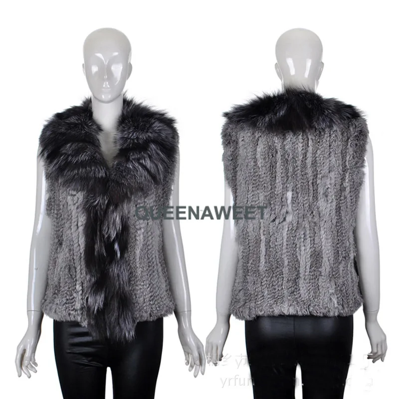 

New Real Fashion Knitted Rabbit Fur Vest Gilet with Raccoon Fur Collar Women