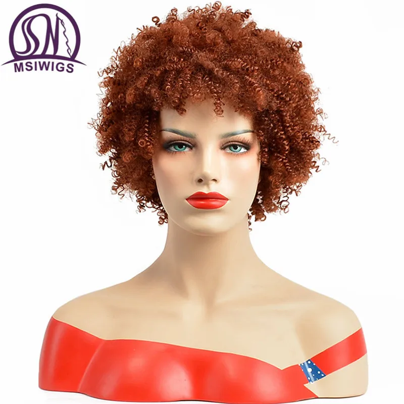 MSIWIGS Short Afro Curly Wigs Brown Synthetic Wig for Black Women Full