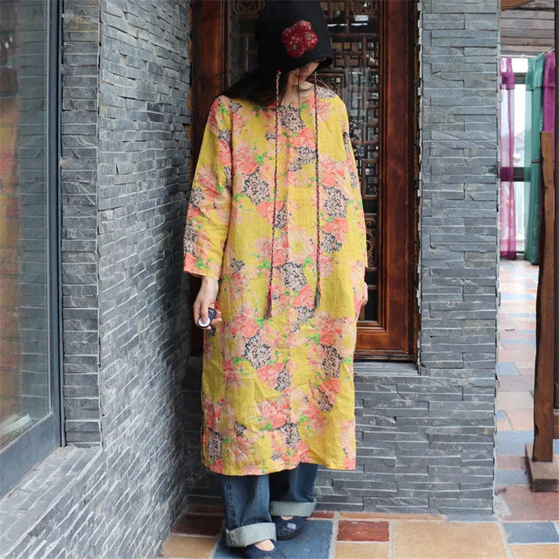 

Johnature Women Vintage Linen Dress Print Floral Robe 2019 Spring New Long Sleeve O-Neck Loose Women Casual Dresses