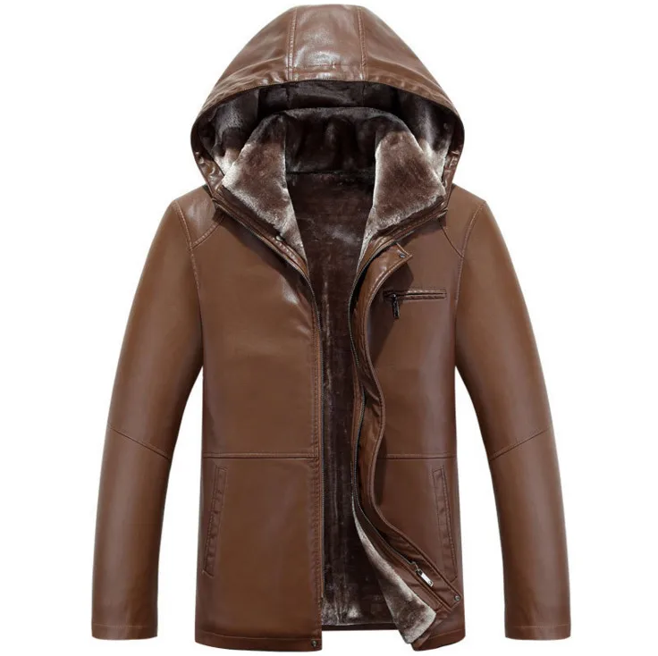 Куртка мужская из искусственной кожи с капюшоном на зиму|faux leather jacket men|leather menluxury |
