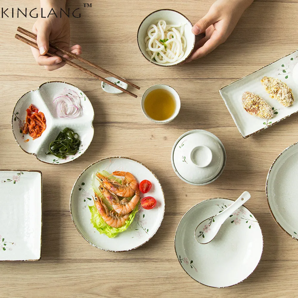 

Japanese Ceramic Flower Pattern Rice Bowl Round Plates Household Dinnerware Set