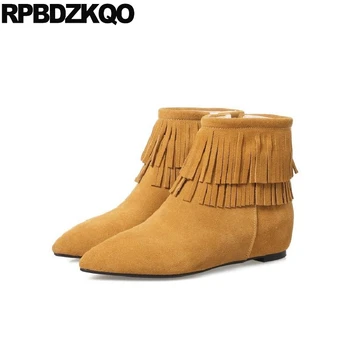 

ankle flat tassel yellow autumn vintage brand women winter boots genuine leather suede fur shoes fall pointed toe short fringe
