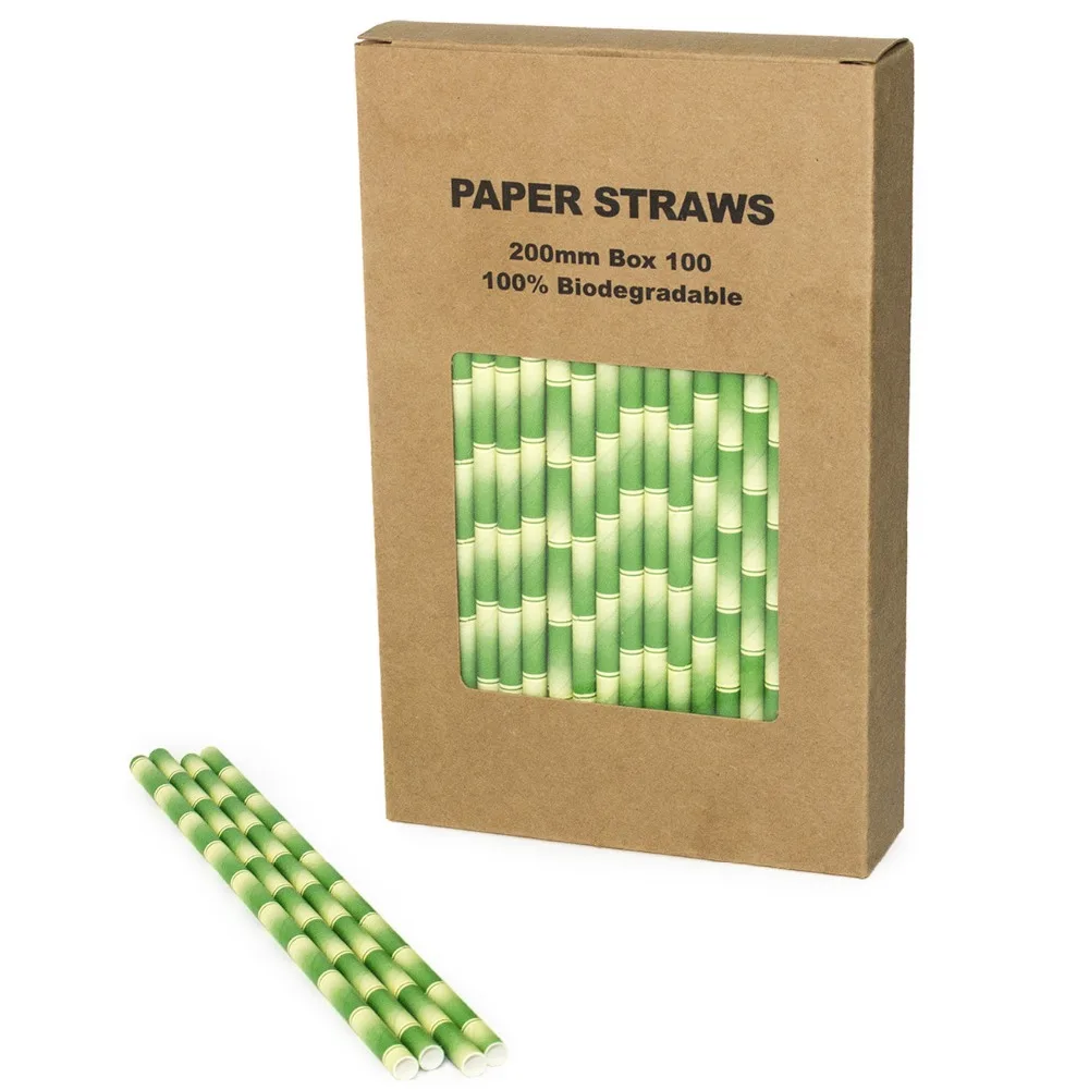 

100pcs/Box Green Bamboo Paper Straws Bulk,Baby Shower Wedding Panda Jungle Safari Luau Party Drinking Coffee Mason Jar Straws