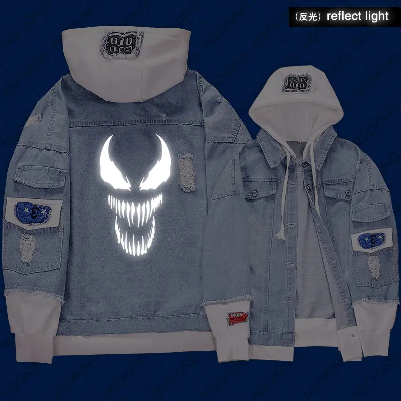 

New Spider-Man venom hoodie Film reflect light Jeans Coat Men Women Fashion fake two pieces Jacket