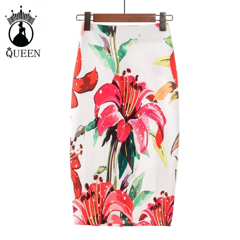 

Summer Knee Length Skirts Sexy 2019 Women Casual High Waist Floral Printed Skirt Office Lady Work Weat Skirts Long for Women