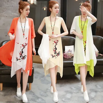 

Vestidos De Fiesta Two-piece Hemp Dresses Women Summer Dress National Wind Plum Flower Shows Thin Flaxen Knee-length Vestidos