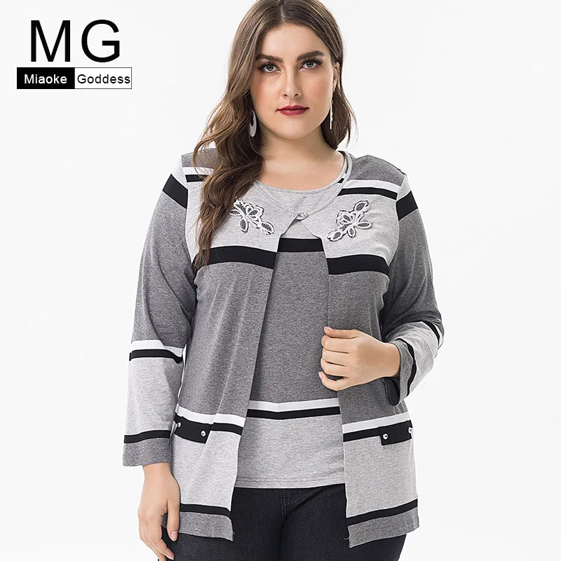 

MG 2019 Summer Plus Size womens cotton T-shirts and tops fashion ladies streetwear 2-piece set embroidery tops blouses