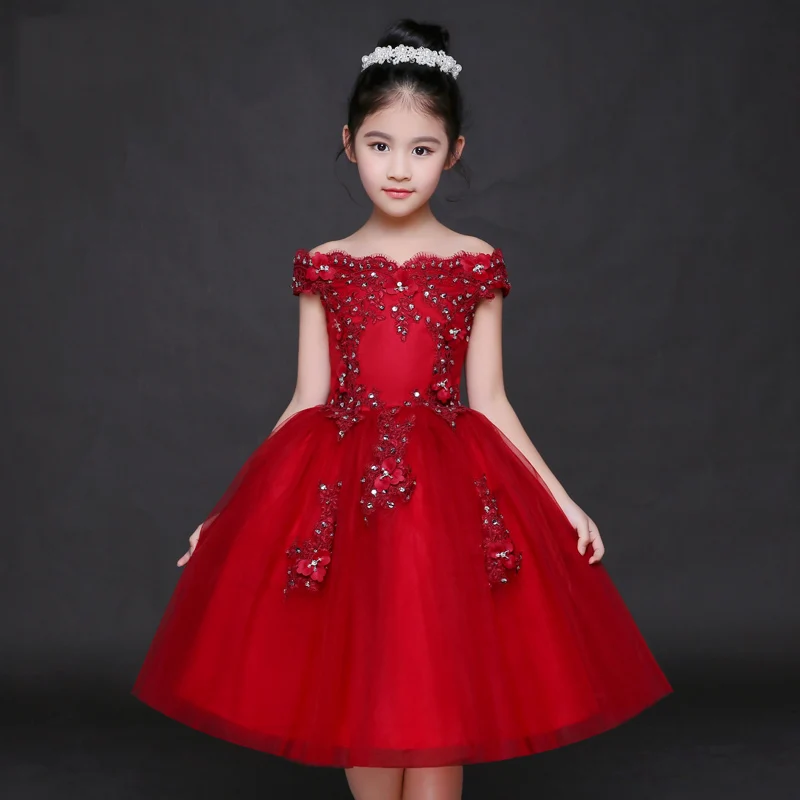 

Wine Red Shoulderless Flower Girl Dresses for Wedding Appliques Ball Gown Knee Length Kids Pageant Dress Birthday Costume B121