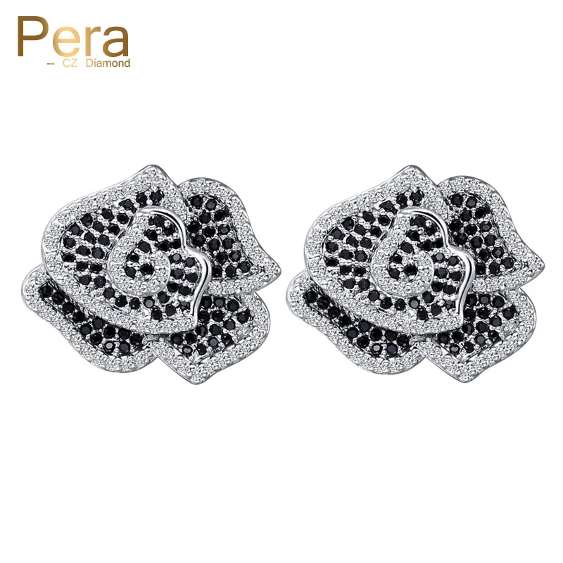 Пера новые милые уникальный дизайн Настоящее серебро 925 пробы, ювелирные изделия black rose полный цирконивый цветок, большие серьги-гвоздики для Для женщин E313