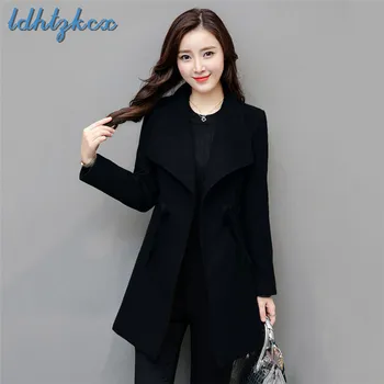 

Winter Coat Women Black Plus Size Long Jacket 2018 Autumn Korean Office Lady Cardigan Loose Adjustable Waist Woolen Jacket CX509
