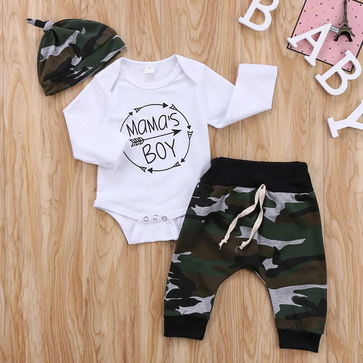 Brand New 3Pcs Set Newborn Toddler Infant Baby Boy Long Sleeve Tops Romper Camouflage Pants Hat 3Pcs Kids Outfits Clothes