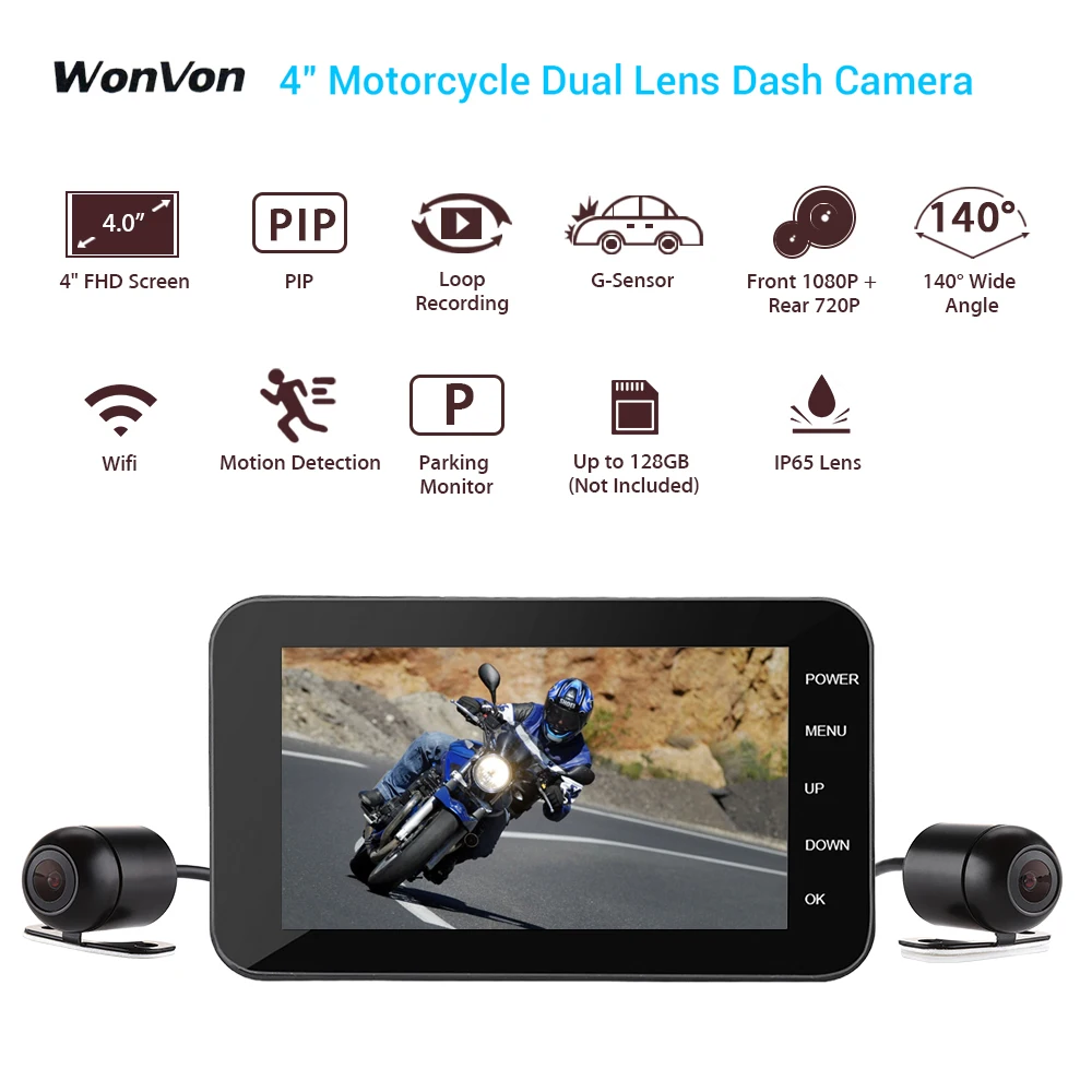 WONVON 4 LCD WIFI Motorcycle font b Camera b font IP67 140 Degree Motorbike Dashcam Action