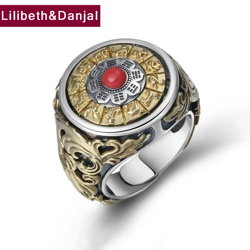 Регулируемые кольца Настоящее серебро 925 пробы, ювелирные изделия Для мужчин Для женщин Будды мозаика Бирюзовый сплетен зодиака Поворотный кольцо R01