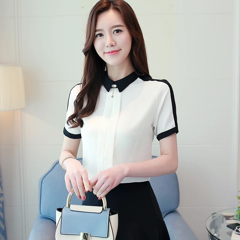 Kaufen Frauen Sommer blusen Büro Dame Solide Chiffon bluse Kurzarm Frauen blusen Perlen Hemd Weibliche frauen Kleidung 0209 40