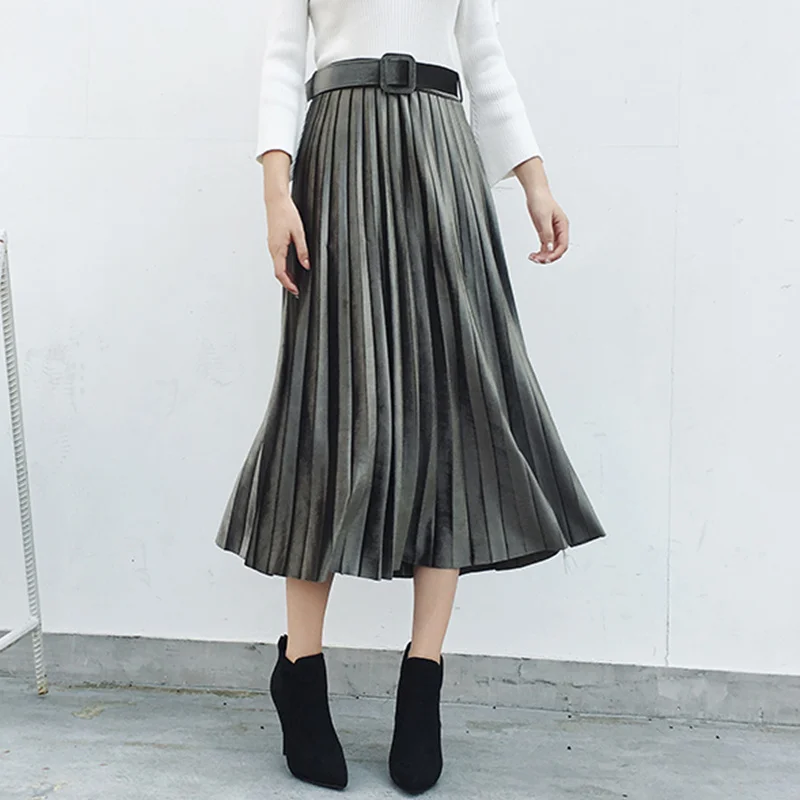 

Qiukichonson Long Skirt Pleuche Vintage Skirts Womens 2018 Autumn Winter Solid Korean Pleated Skirt Sashes Zip High Waist Skirt