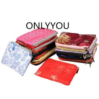 

Floral Small Zipper Chinese Silk Gift Bag Coin Purse Christmas Wedding Birthday Party Favors Card Holder Packaging Bags 100pcs