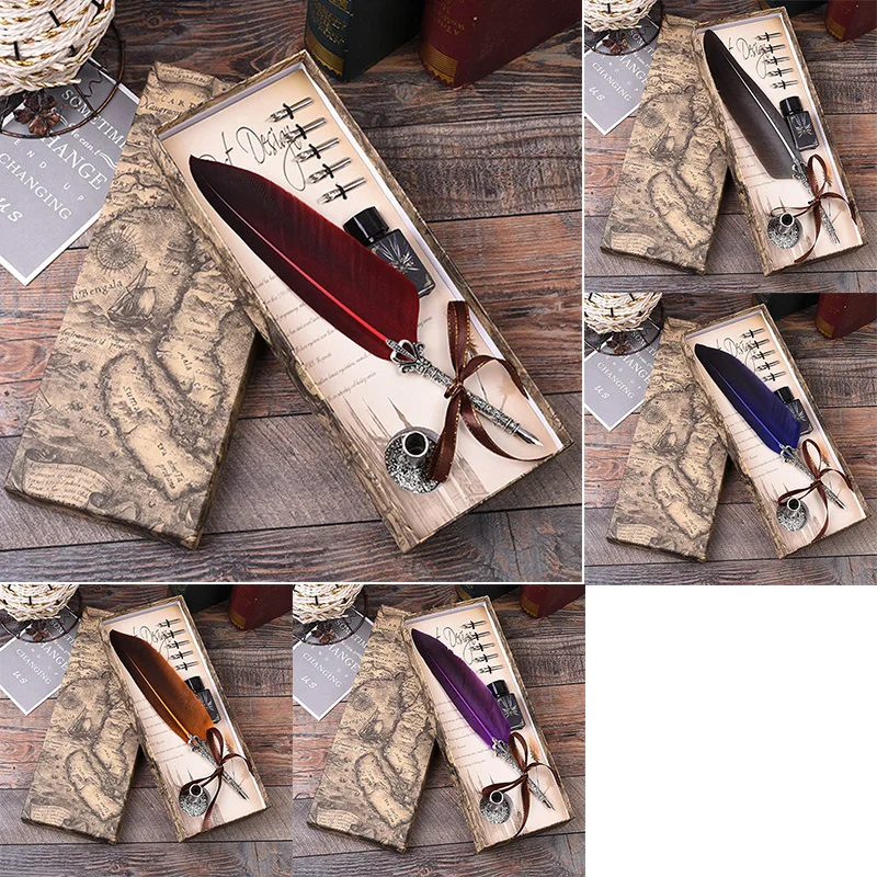 

1set Stationery Feather Dip Metal Fountain Pen Set Vintage Writing Quill Ink Pens Gift 5 Colors