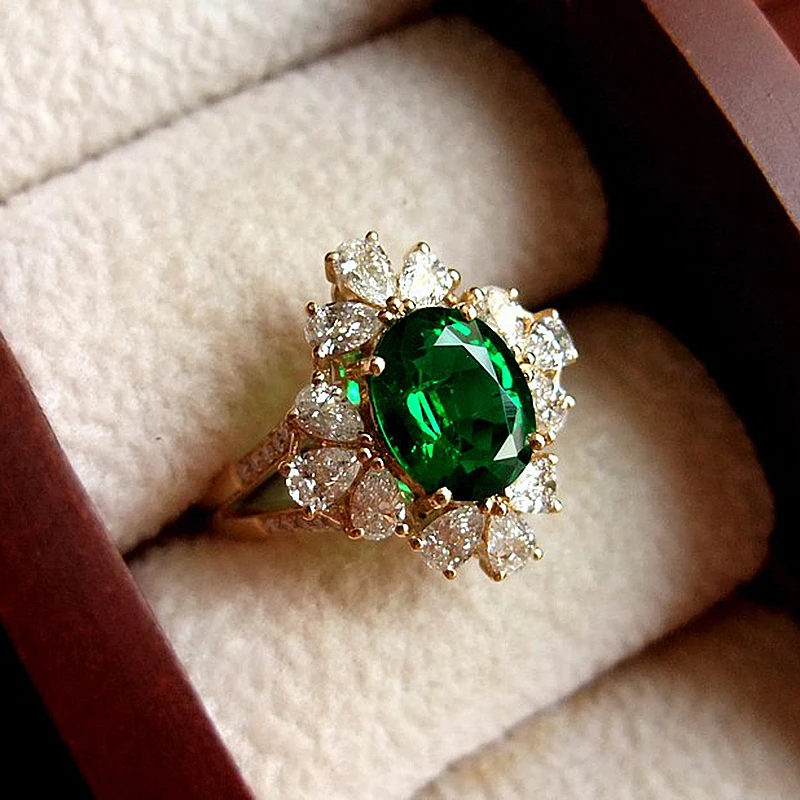 Женское цельное кольцо 18 К белого золота 2.1ctw Moissanite Green Emerald Halo боковое для