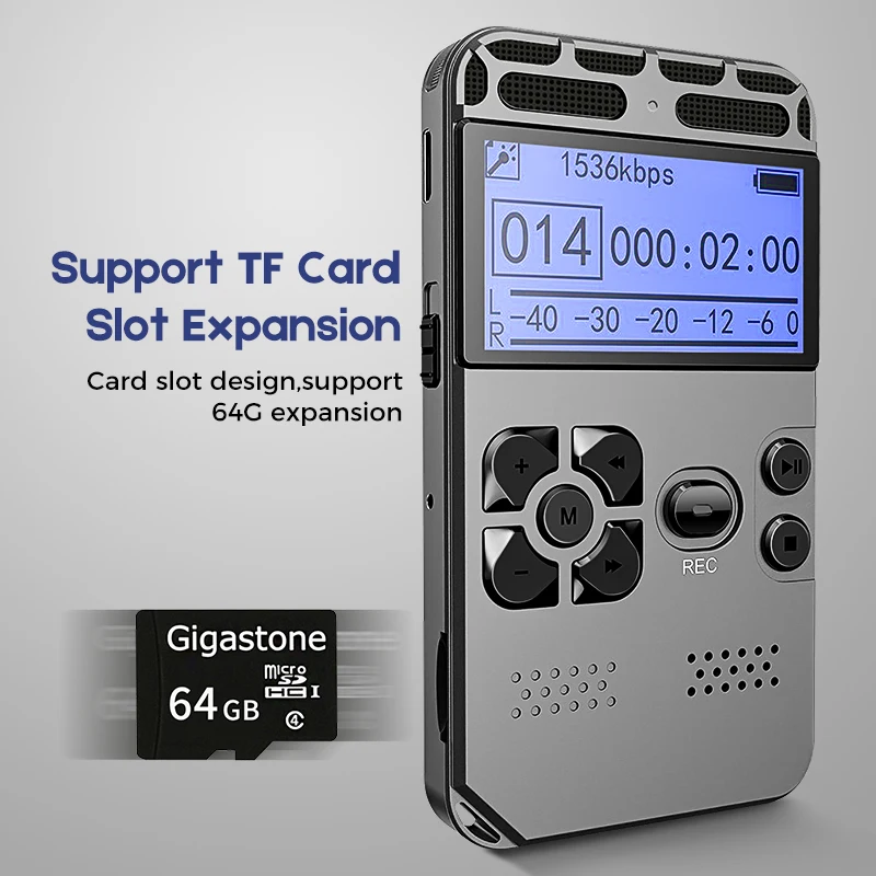 Support 64G Expansion Professional Hidden Voice Recorder Dictaphone Registrar MP3 HIFI Stereo 1536KPS WAV Recording Device Gray