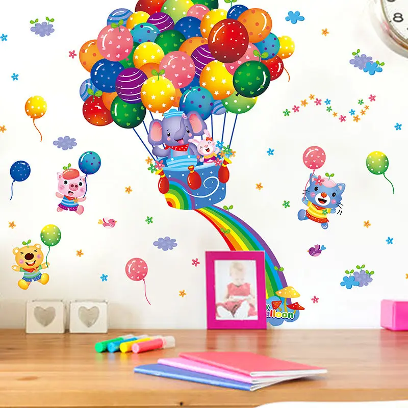 Новинка, радужные воздушные шары, наклейки на стену, животные, детская комната, наклейки, искусство, воздушный шар, Мультяшные семейные наклейки