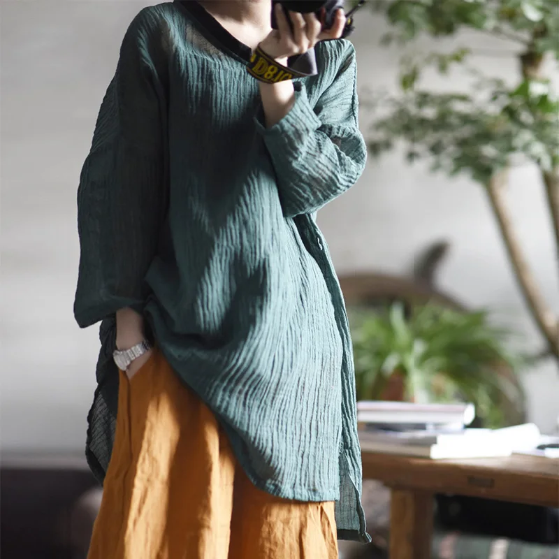 

SCUWLINEN 2019 Women's Top Vintage Solid V-neck Splice Long-sleeve Zen Long Ramie T-shirt Women Casual All-match Tops P070