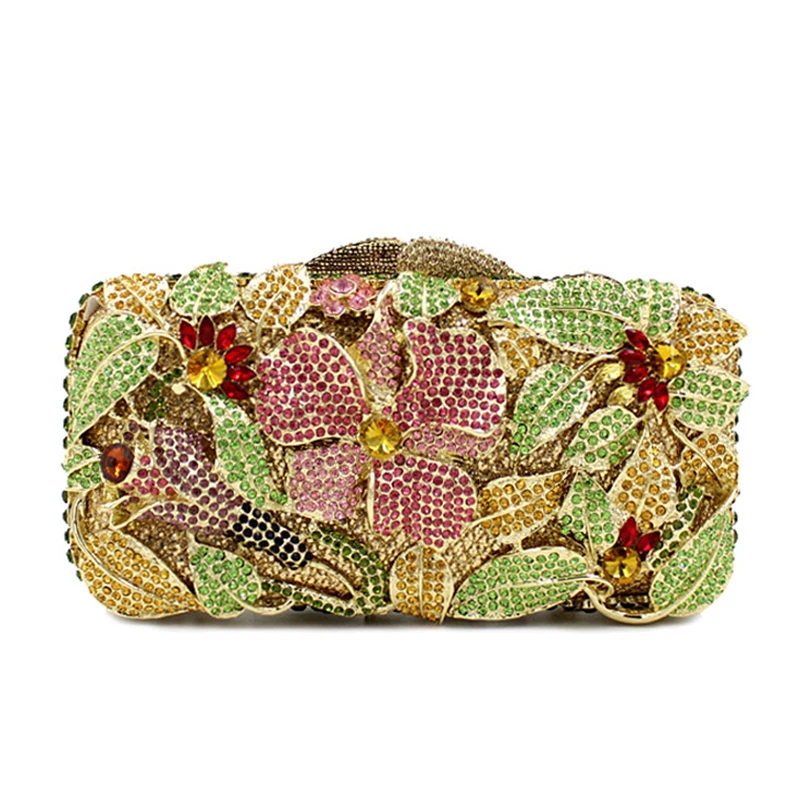 Women Famous Designer Brand Clutch Bag Green Floral Crystal Clutch