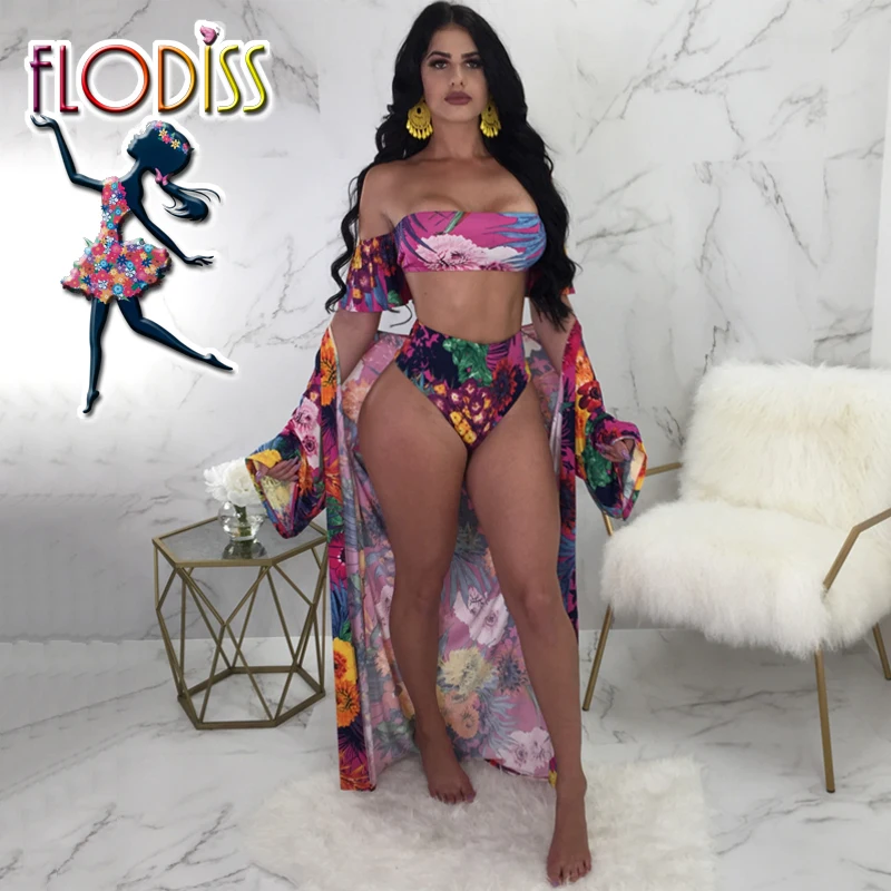 

FLODISS Elegance Ruffles Bow Bandage Bikini Set+Cover Up 3 Pcs Sets Swimwear 2018 Summer Women Floral Print Swim Suit Beach Wear