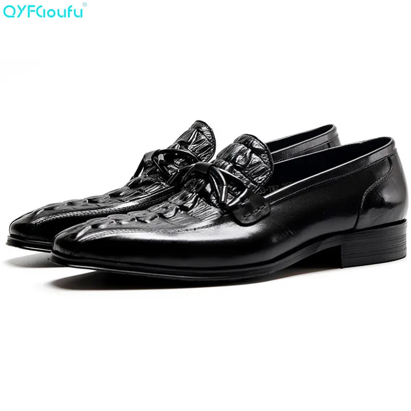

2019 Genuine Cow Leather Slip On Men Dress Shoes Fashion Retro Comfortable Crocodile Skin Shoes Business Casual Shoes