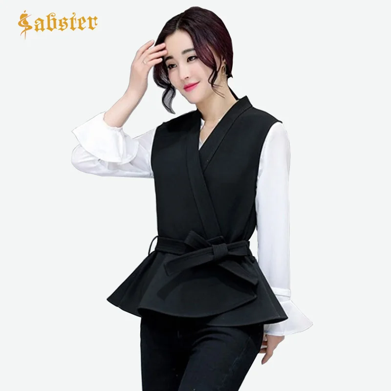 Spring and Autumn 2018 New Sleeveless Women's Jacket with Belt Ruffles Ladies Vest Waistcoat Casual Women Vest Coat