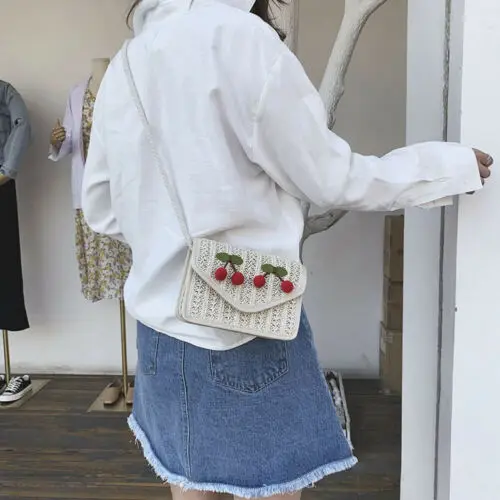 Women Boho Exotic Floral Straw Beach Messenger Bag Weave Cloth Handbag Tote Bag Ladies Hand-woven bag Smart Wallet