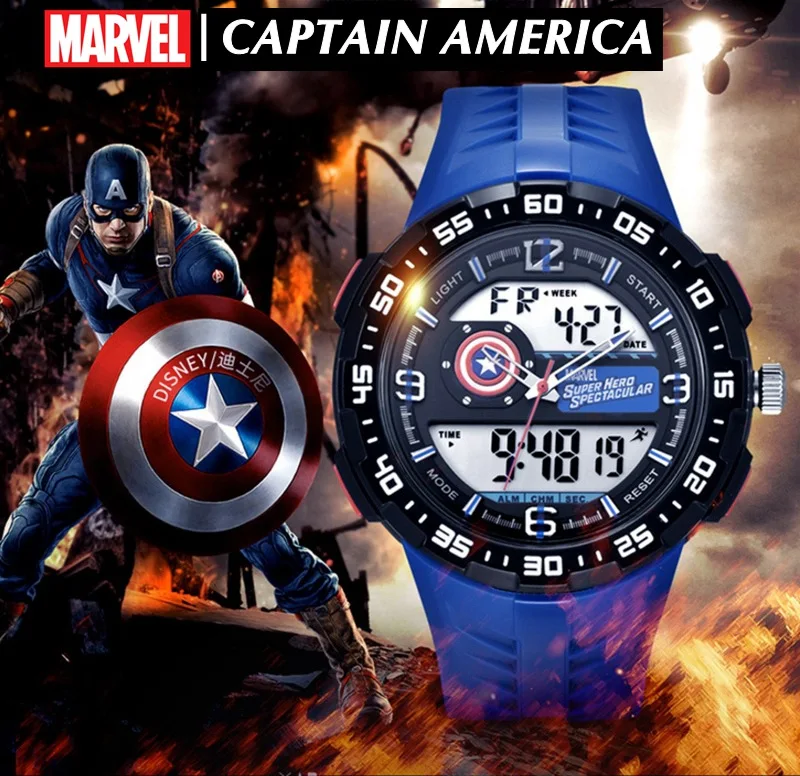 Marvel Мстители Капитан Америка супер герой подростковый спорт Многофункциональные 5 бар водонепроницаемые часы резиновый светодиодный светящийся Часы Дисней