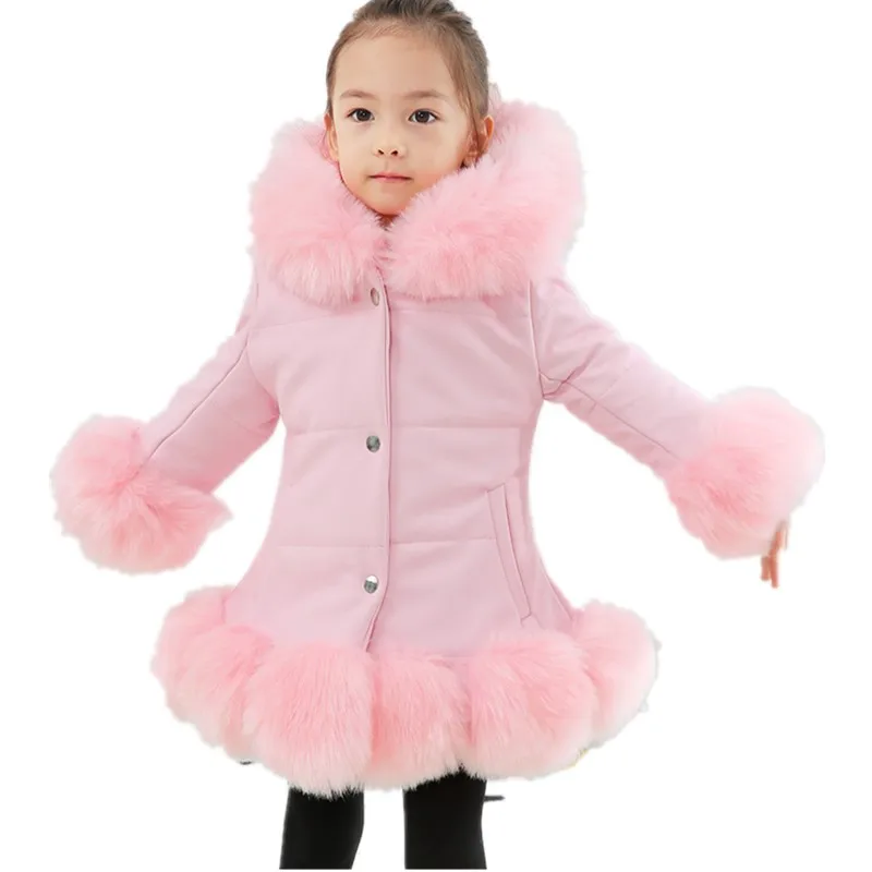 Пушистый зимняя детская одежда для девочек; детская одежда из искусственной кожи с искусственным мехом, пальто меховой воротник школьной теплые уплотненные куртки зимние пальто для девочек-подростков N3