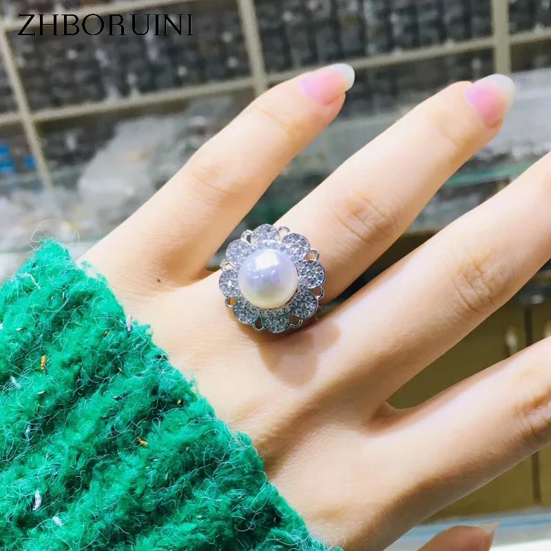 

ZHBORUINI Fine Pearl Ring Jewelry Micro-zircon Flower Natural Freshwater Pearl Rings 925 Sterling Silver For Women Wedding Gift